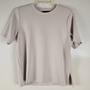 Azalea Mila SS Top Side Slits Taupe Beige Short Sleeve Crewneck Minimalist M NWT